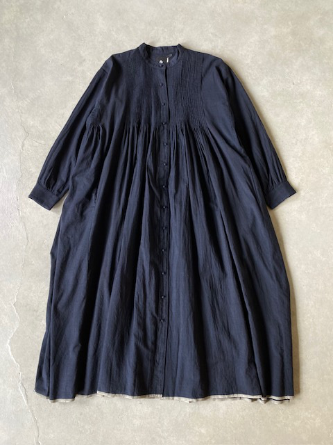 maison de soil HANDWOVEN HEVY COTTON PLAIN MINI PINTUCK BANDED COLLAR SHIRT DRESS