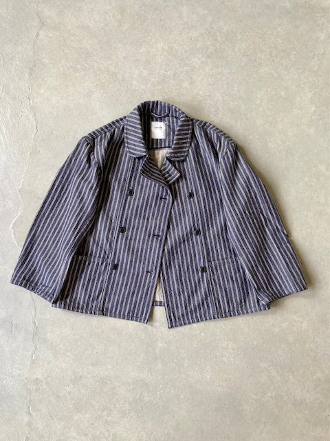 ARMEN YARN DYED INDIGO 2 STRIPE ROUND COLLAR DOUBLE JACKET