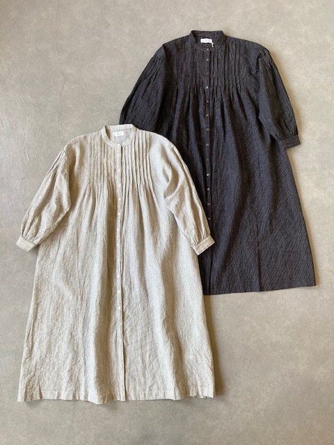 SOIL  WOOL LINEN STRIPEBANDED  COLLAR DRESS with PINTUCK