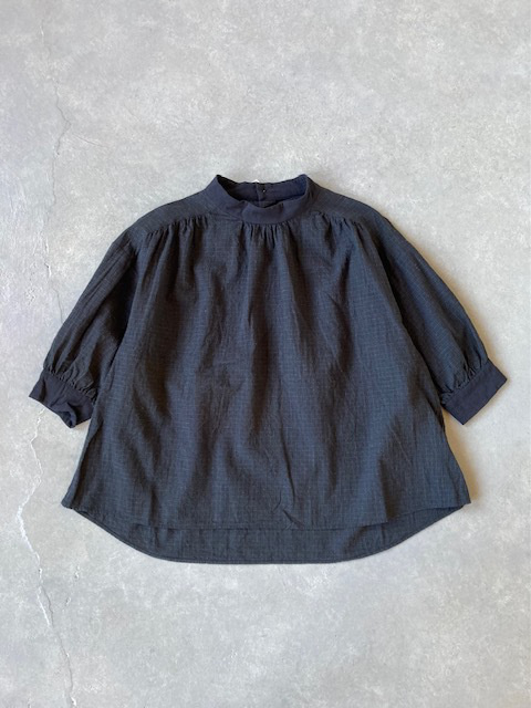 綿麻シャドーチェック 7分袖クレリックプルオーバー