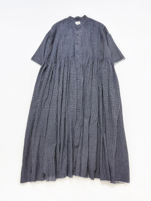 maison de soil  HAND WOVEN COTTON SINGLE  CHECKBANDED COLLAR SHIRT  DRESSWITH PINTUCK