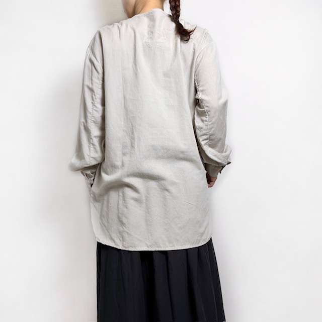 HTS (HARROW TOWN STORES)　COTTON LINEN PLAIN OVERDYE HENRY NECK SHIRT