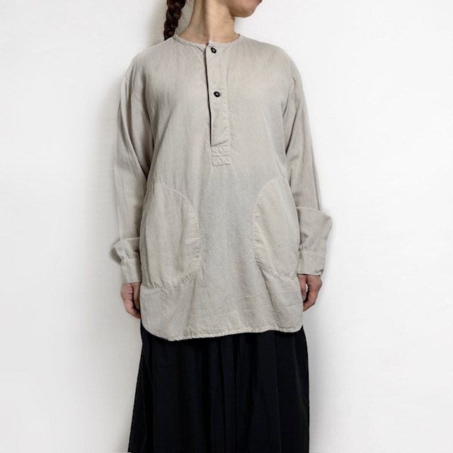 HTS (HARROW TOWN STORES)　COTTON LINEN PLAIN OVERDYE HENRY NECK SHIRT