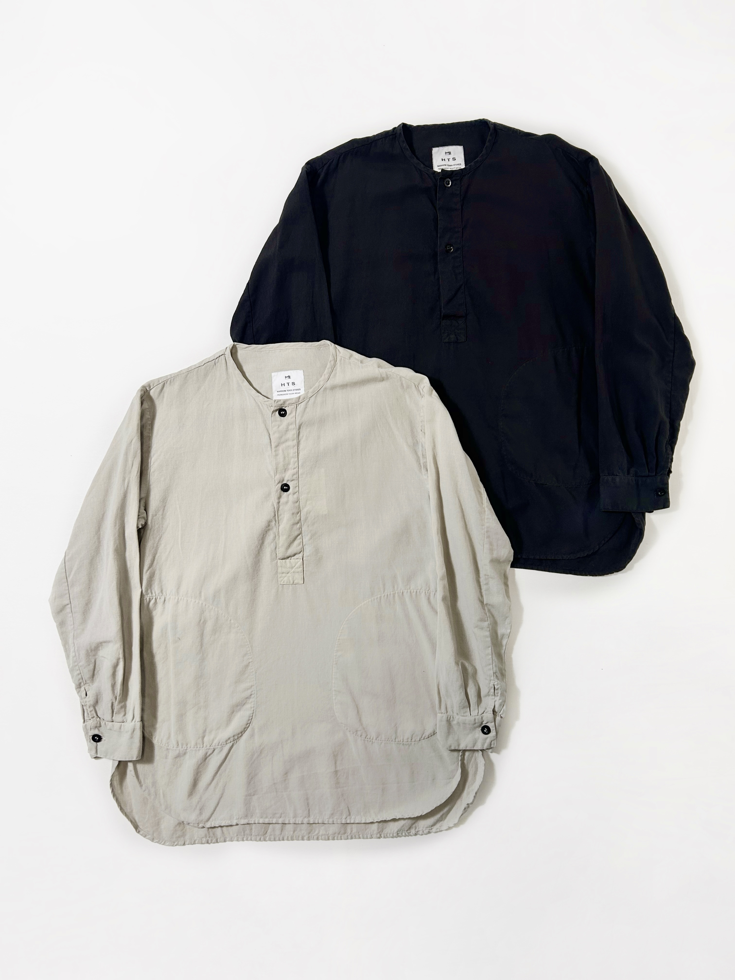 HTS (HARROW TOWN STORES)　COTTON LINEN PLAIN OVERDYE HENRY NECK SHIRT
