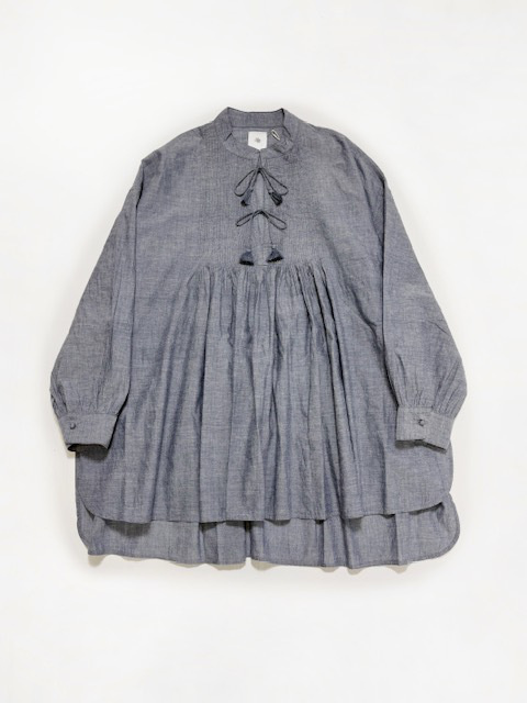 maison de soil  HANDWOVEN YARN DYE  NATURAL INDIGO CHAMBRY  BANDED COLLAR PINTUK TUNIC