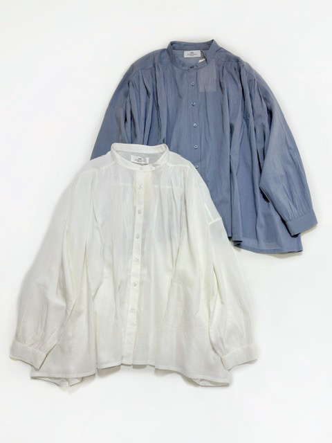 SOIL  80s COTTON VOIL PLAIN  BANDED COLLAR GATHER SHIRT