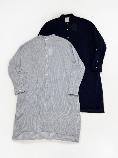 ARMEN  SINGLE GAUZE STRIPE OVERDYE  UTILITY BANDED COLLAR  LONG SHIRT