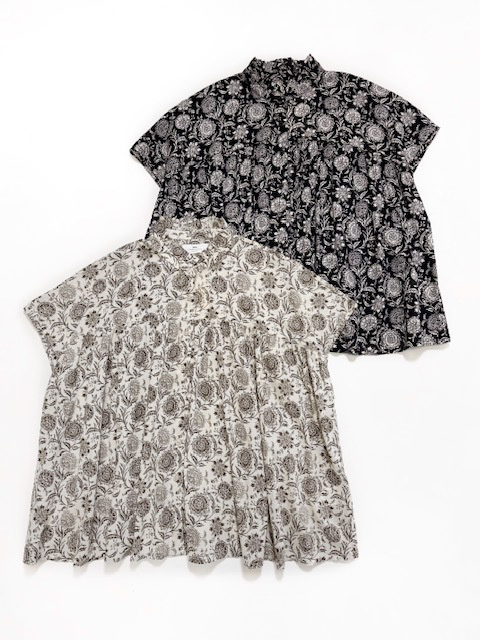 SOIL  80s VOILE TWO TONE FLOWER PRINT  FRILL COLLAR FRENCH/SL SHIRT