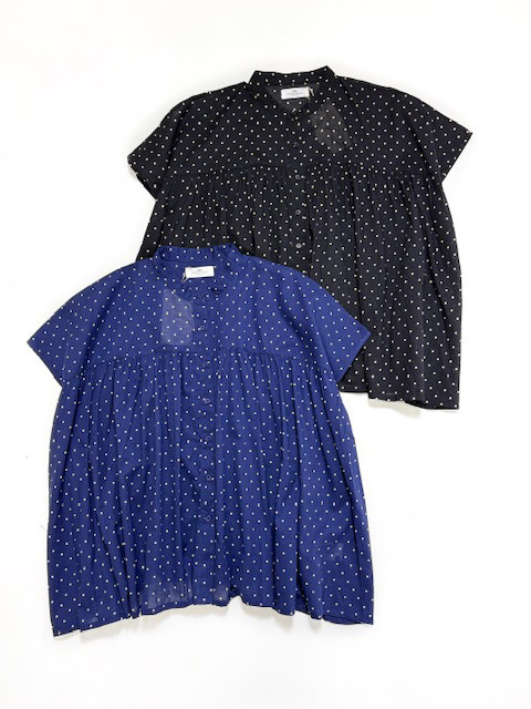 SOIL  80s COTTON VOILE DOT PRINT  BANDED COLLAR FRENCH/SL SHIRT