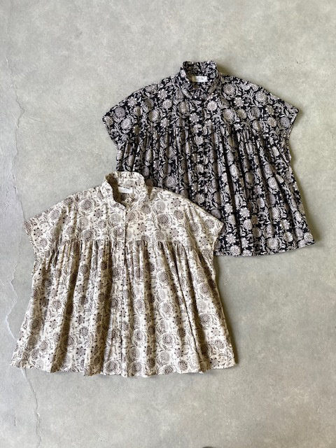 SOIL 80s VOILE TWO TONE FLOWER PRINT FRILL COLLAR FRENCH/SL SHIRT