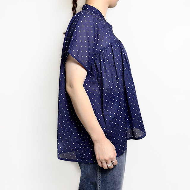 SOIL 80’s COTTON VOILE DOT PRINT BANDED COLLAR FRENCH/SL SHIRT