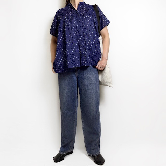 SOIL 80’s COTTON VOILE DOT PRINT BANDED COLLAR FRENCH/SL SHIRT