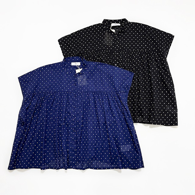 SOIL 80’s COTTON VOILE DOT PRINT BANDED COLLAR FRENCH/SL SHIRT