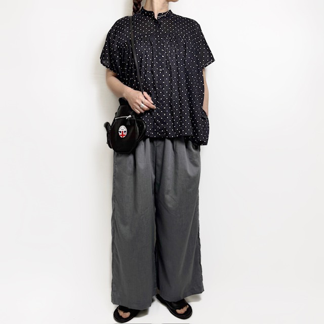 SOIL 80’s COTTON VOILE DOT PRINT BANDED COLLAR FRENCH/SL SHIRT