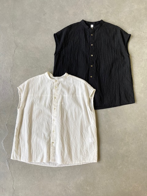綿麻平織スリーブレス スタンドカラーシャツ