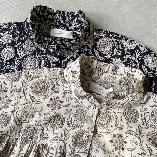 SOIL / 80s VOILE TWO TONE FLOWER PRINT FRILL COLLAR FRENCH/SL SHIRT