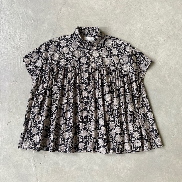 SOIL / 80s VOILE TWO TONE FLOWER PRINT FRILL COLLAR FRENCH/SL SHIRT