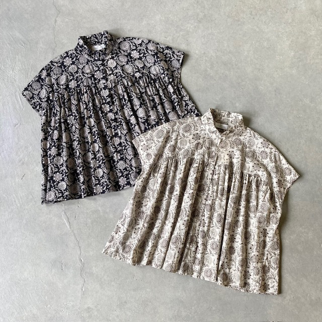 SOIL / 80s VOILE TWO TONE FLOWER PRINT FRILL COLLAR FRENCH/SL SHIRT