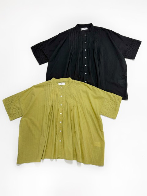 SOIL  80s VOILE PLAIN WITH CUT WORK LACE  BANDED COLLAR PINTUCK SHIRT